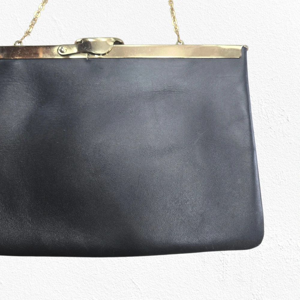 Vintage 1950s Black Leather Evening Bag Gold Frame Lift Clasp Chain Strap Etra